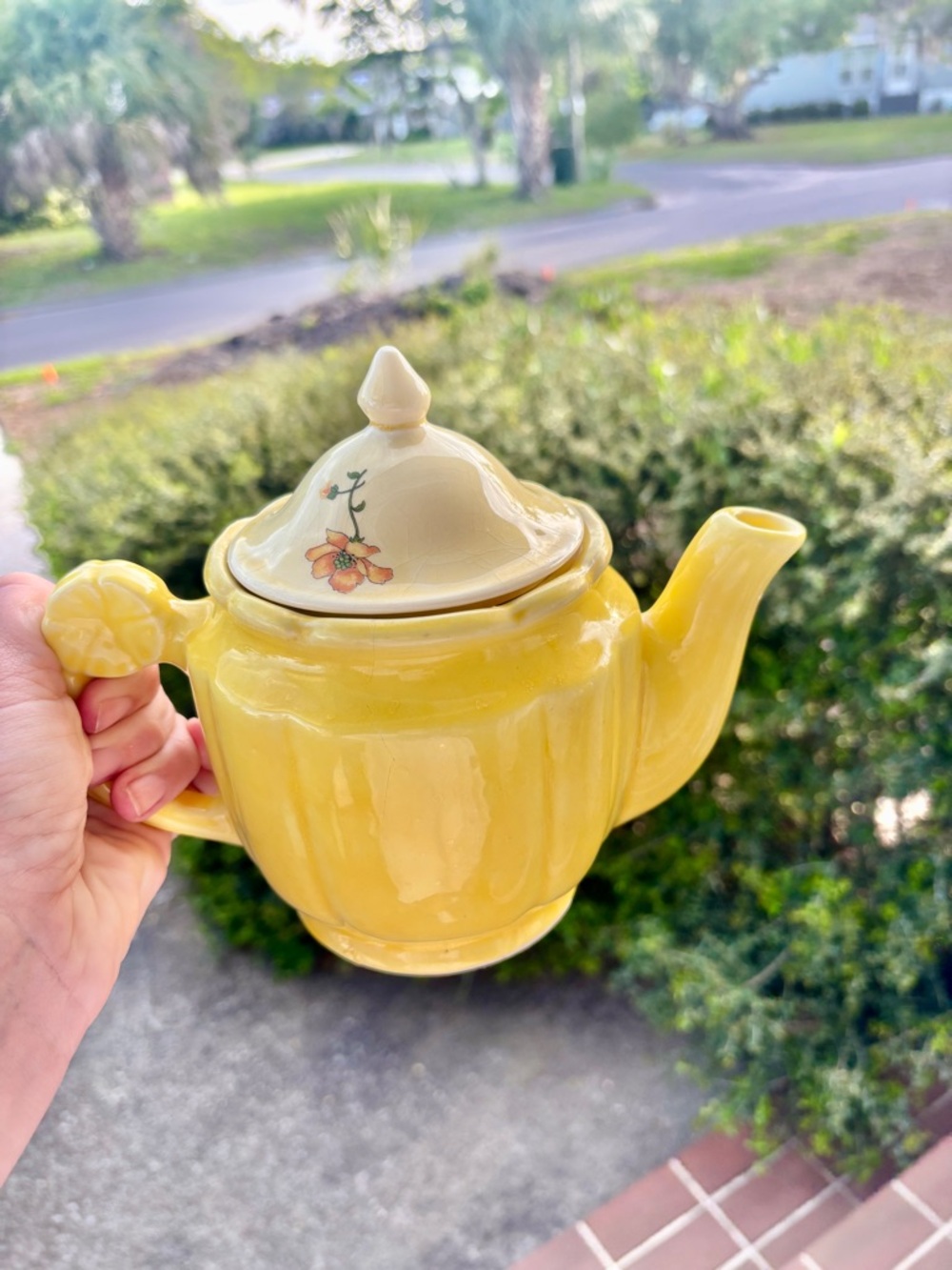 Vintage Yellow Ceramic Teapot Floral Lid Lemon Handle USA Cottagecore
